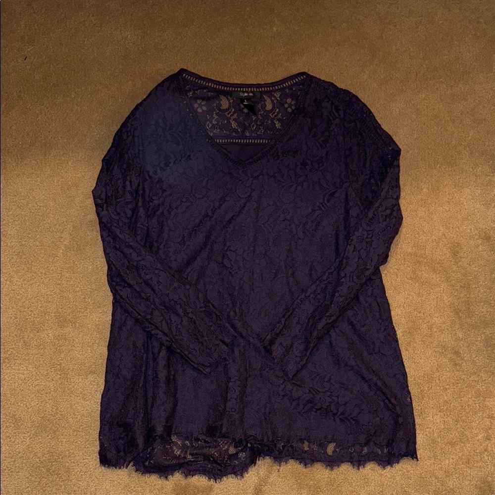 Style & Co Blue Long Sleeve Blouse with Lace